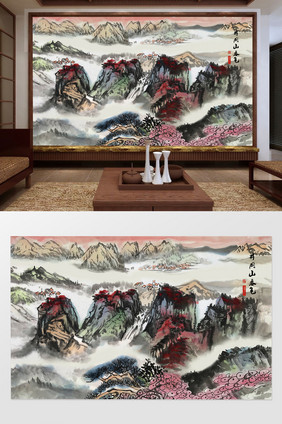 中国风国画工笔画山水井冈山春色电视背景墙