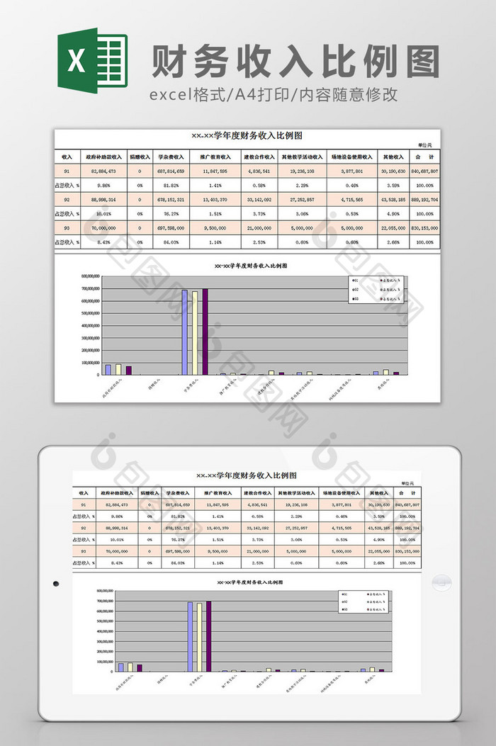 财务收入比例图Excel模板