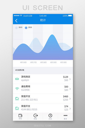 扁平蓝色金融app消费统计UI移动界面