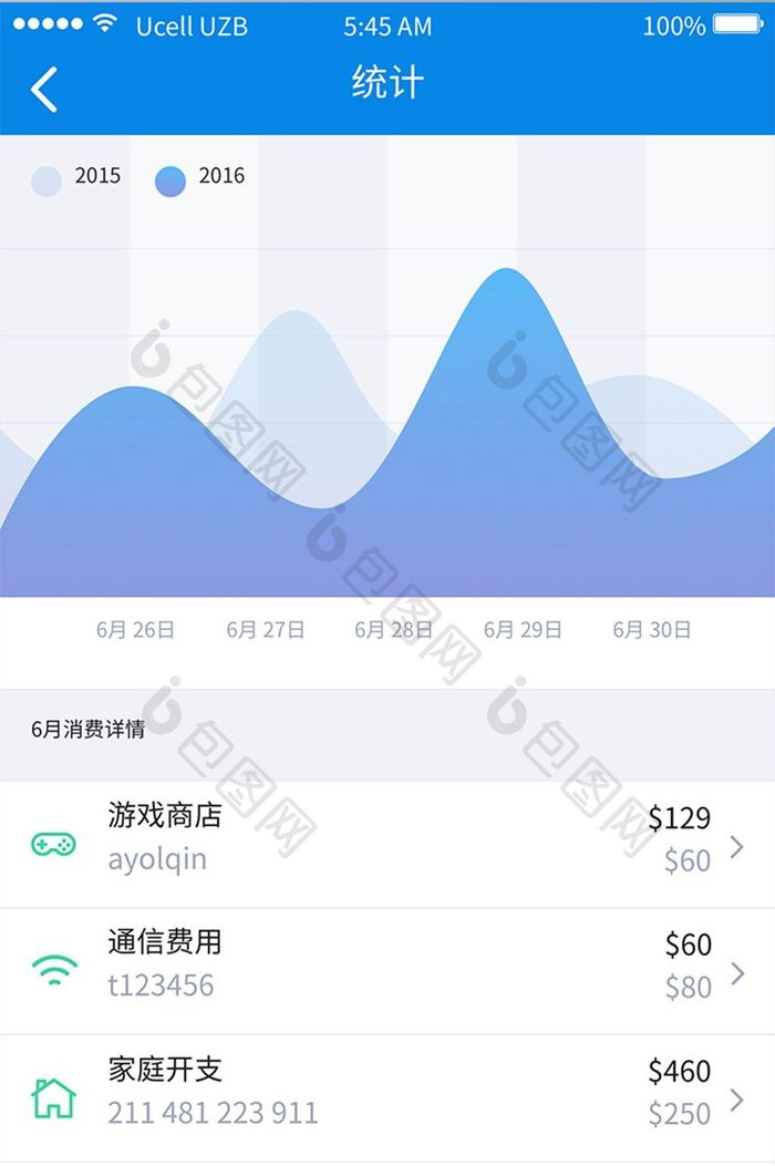 扁平蓝色金融app消费统计UI移动界面
