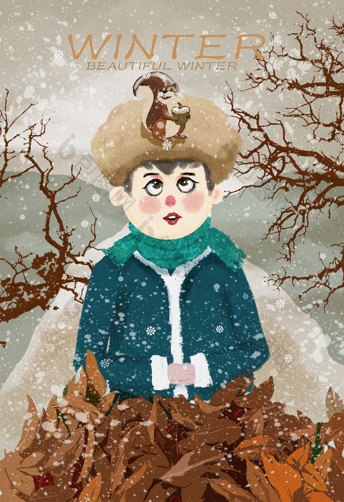 暖色可爱男孩与小松鼠迎接冬季雪景肌理插画