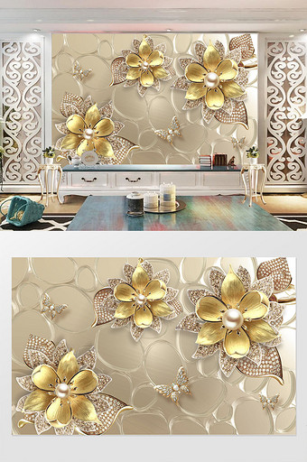 奢华大气金色珠宝珍珠花蕊花朵蝴蝶背景墙图片