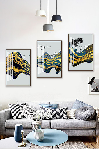 新中式象线条山水装饰画金色抽象三联画图片