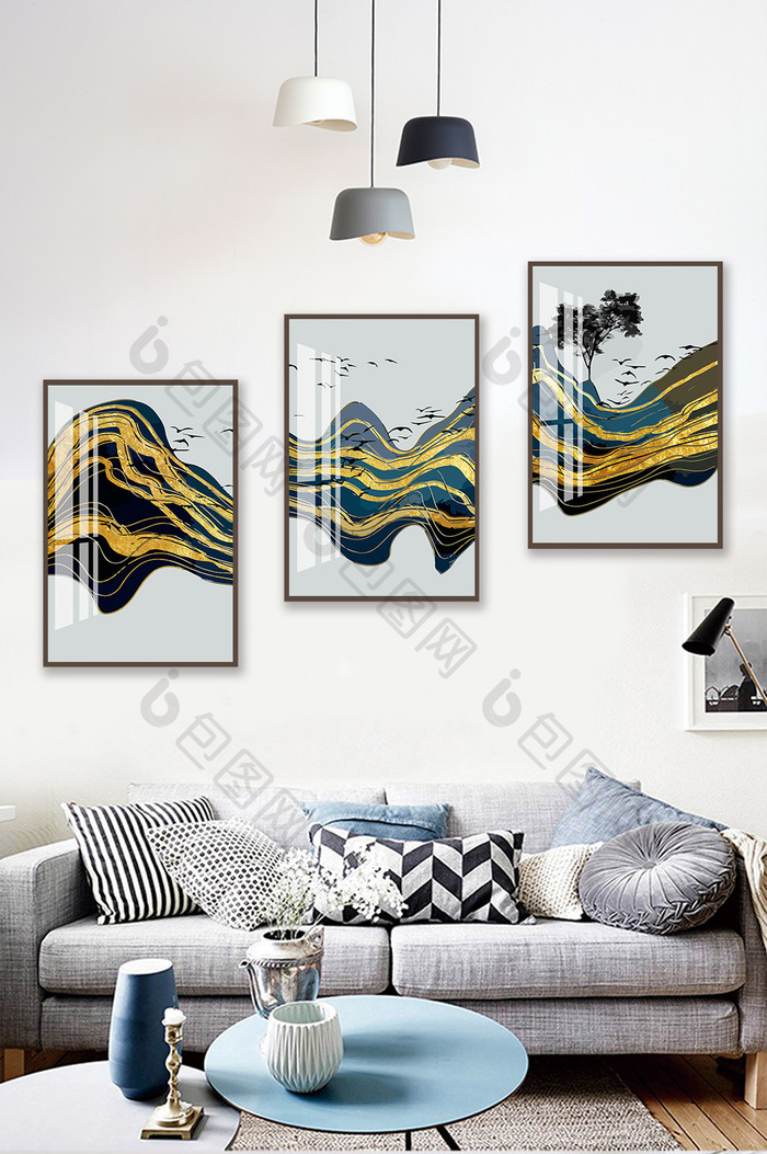 新中式象线条山水装饰画金色抽象三联画
