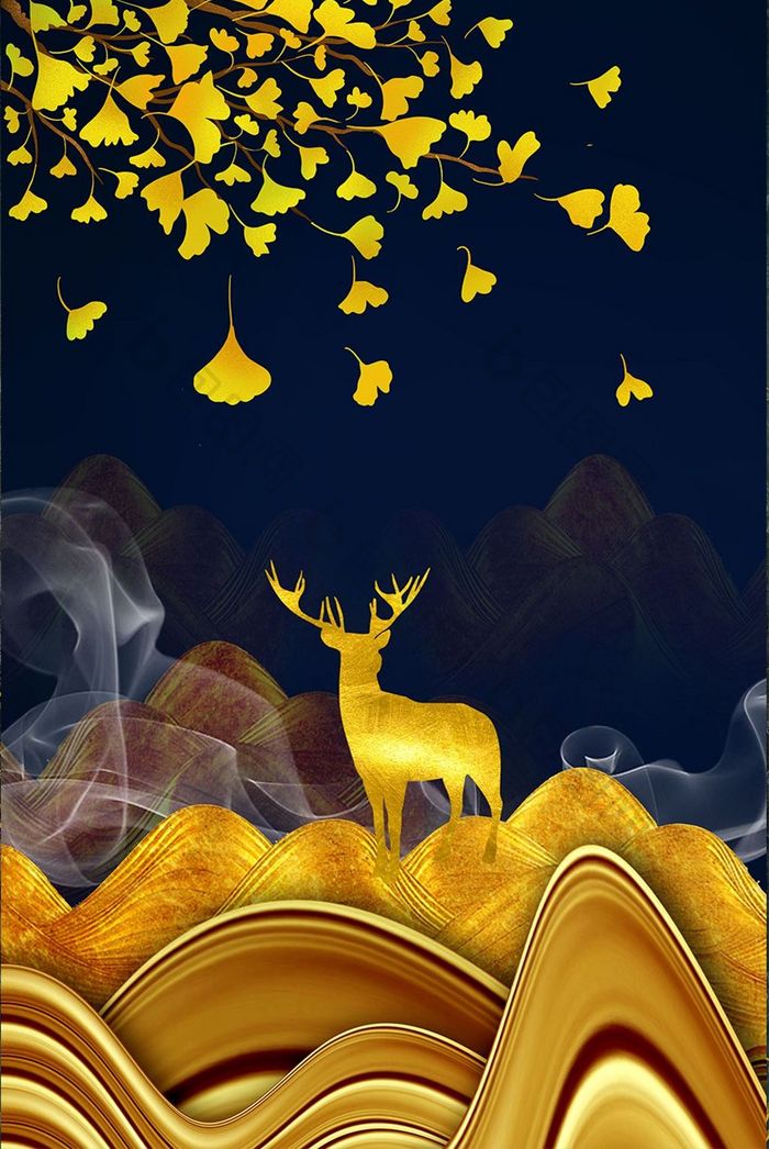 新中式金色麋鹿抽象水墨线条山水玄关装饰画