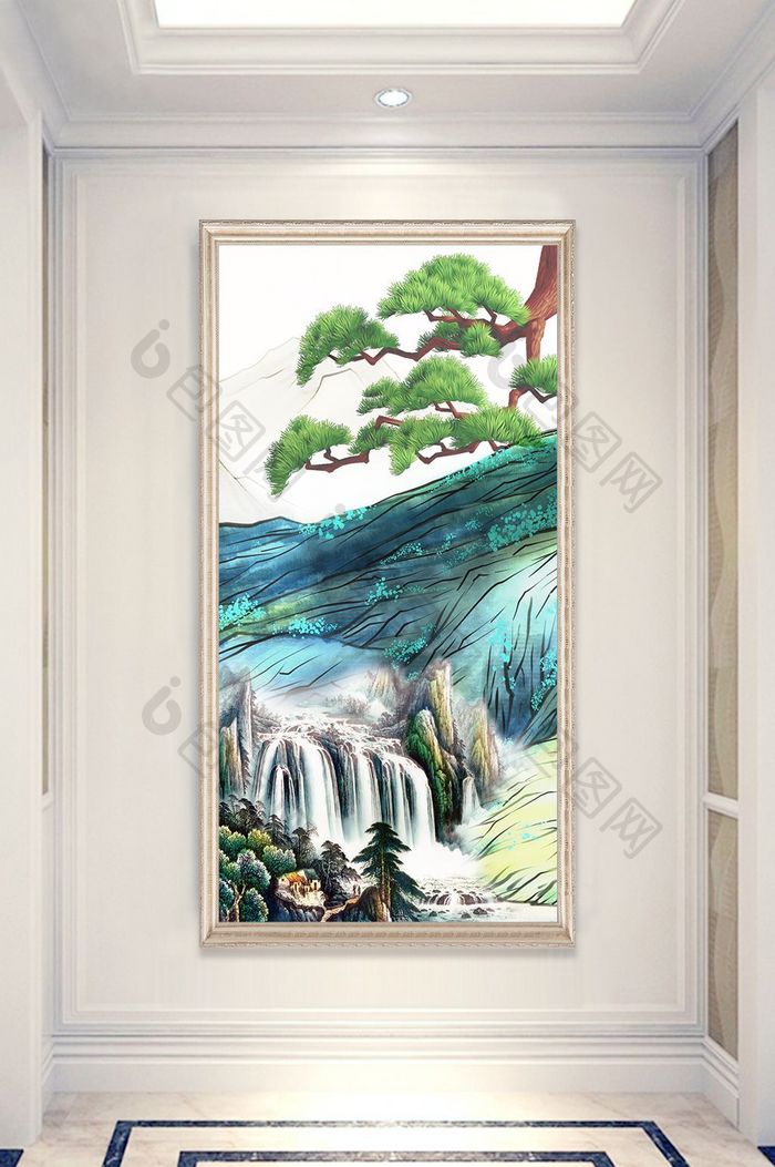 中式手绘山水画松树玄关装饰画