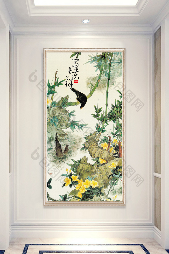 新中式花鸟手绘玄关装饰画