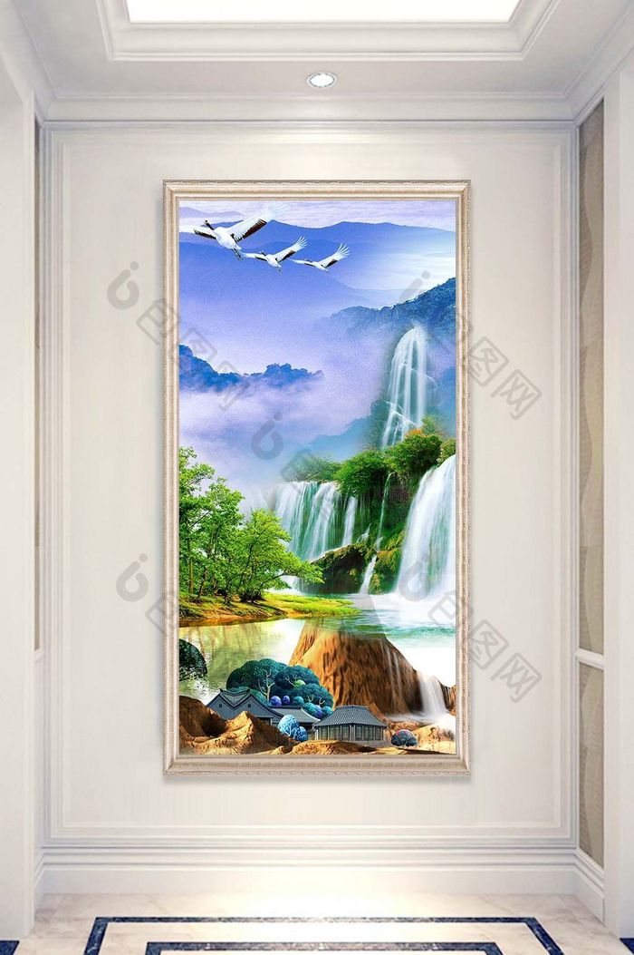 中式山水画瀑布玄关装饰画