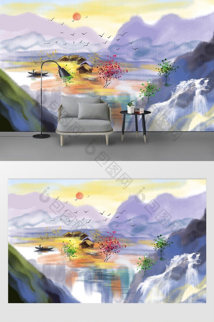 现代手绘写意抽象山水风景背景墙
