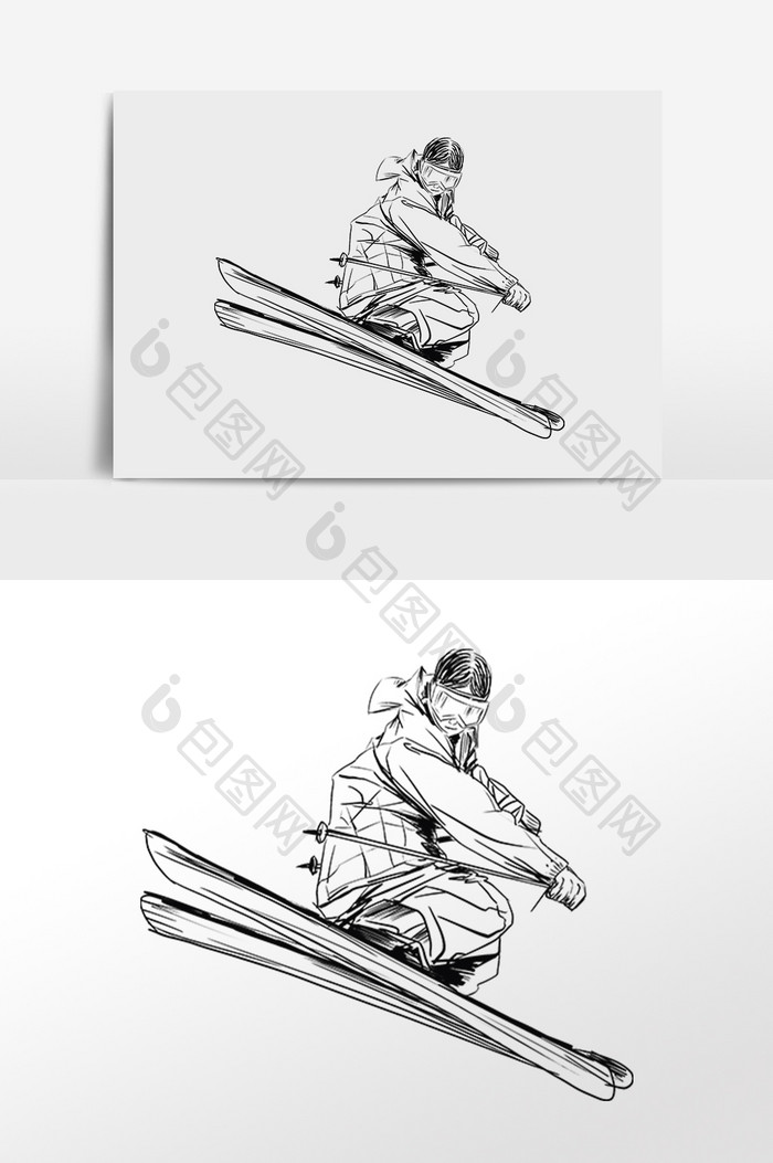 素描滑雪板人物素材