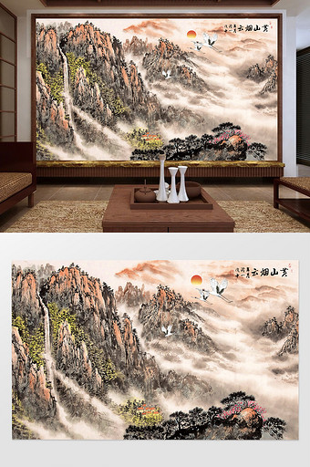 中国风水墨工笔画黄山烟云电视背景墙图片
