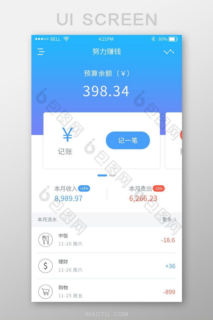 蓝色时尚记账app记账详情界面