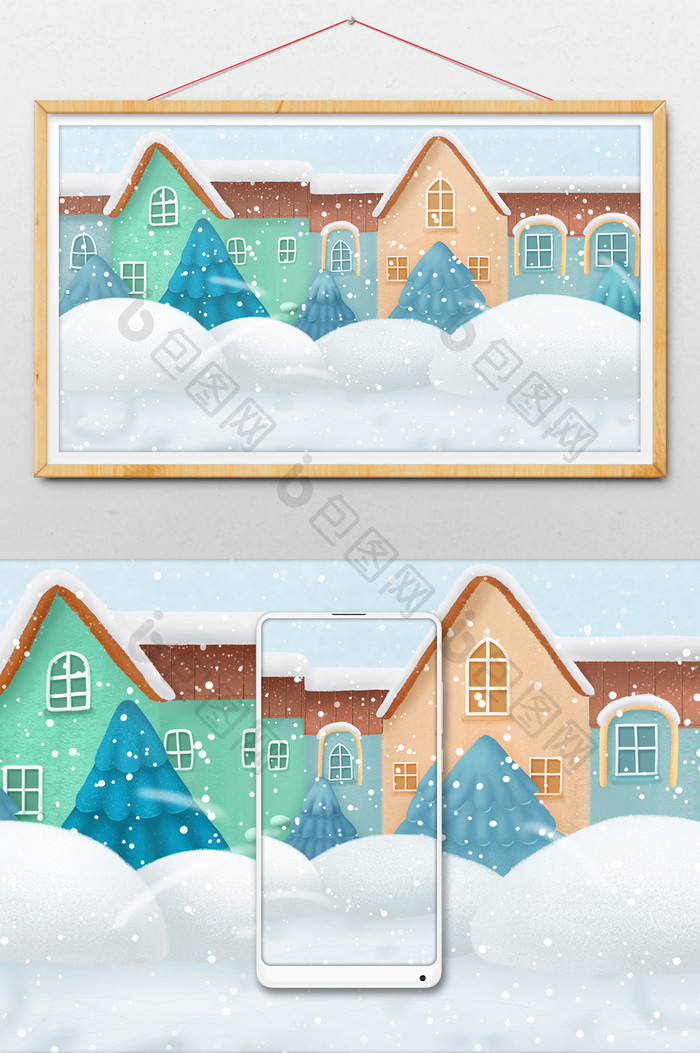 手绘清新雪中的城镇插画背景