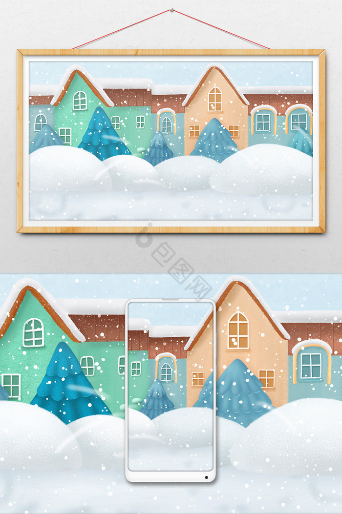 雪中的城镇插画图片