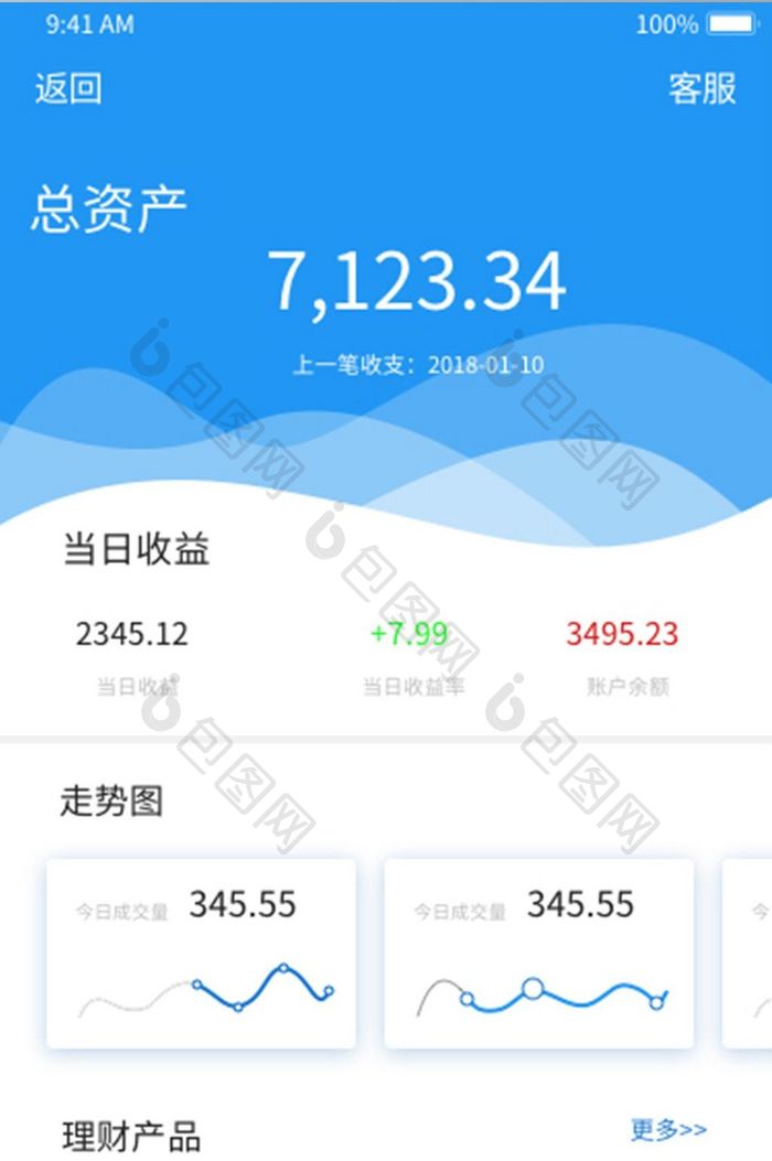 蓝色科技金融理财个人数据UI移动界面