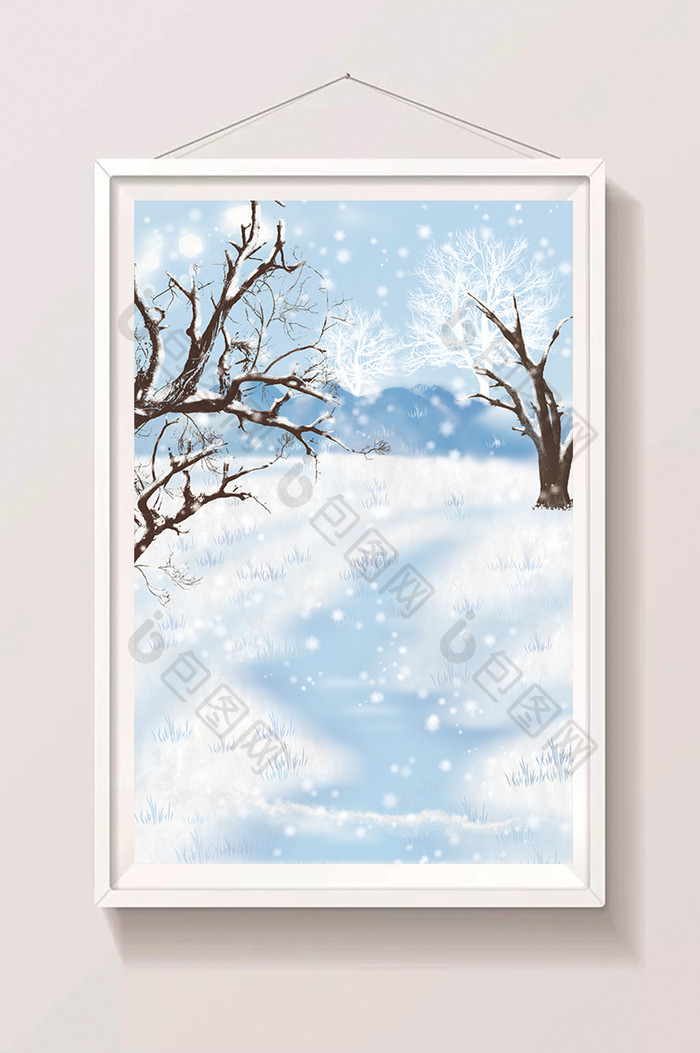 手绘雪中的林下小路插画背景