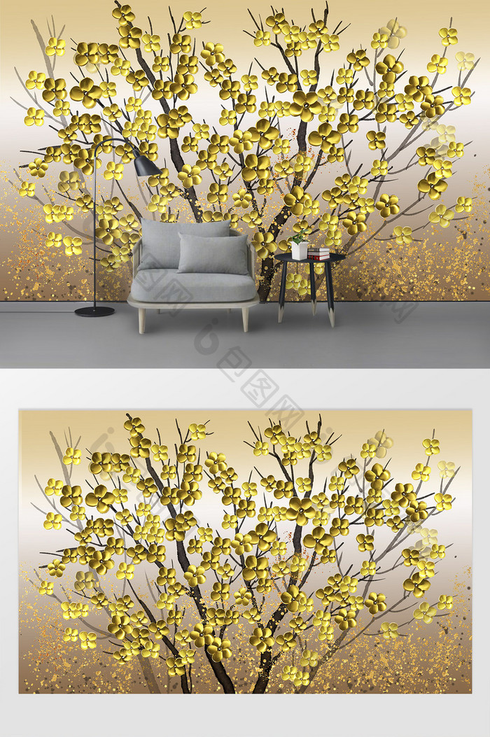 现代手绘金色发财树油画背景墙