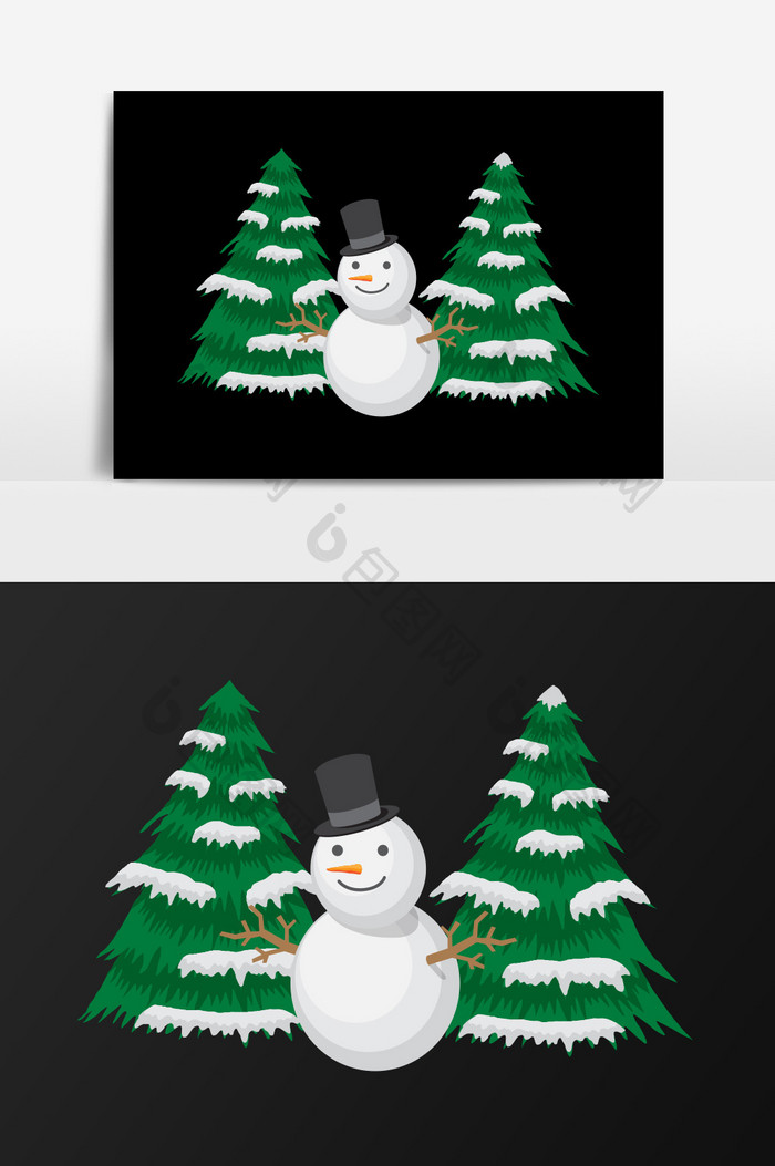 手绘松树前面的雪人插画元素