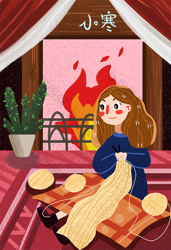 冬日唯美小寒节气冬天女孩在家烤火插画