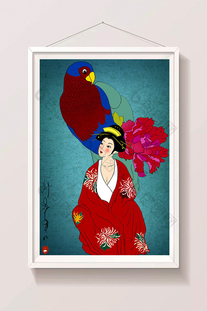 鹦鹉牡丹美女创意浮世绘古典插画装饰画
