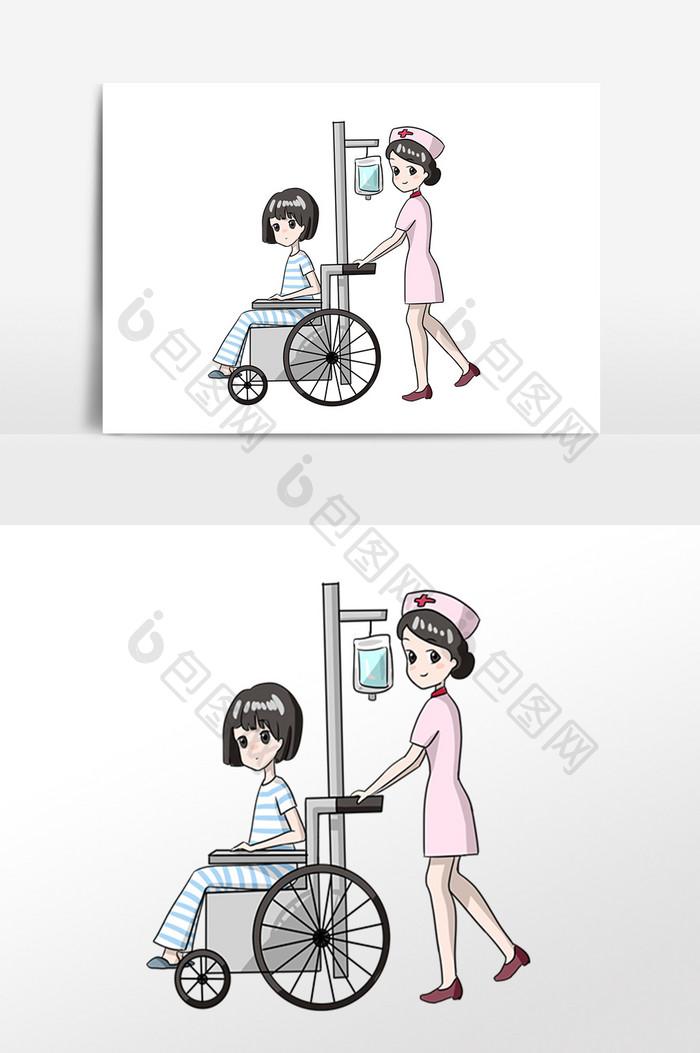 卡通护士推着坐在轮椅上的病人素材
