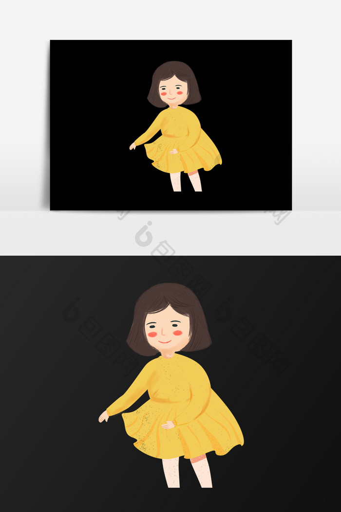 手绘穿黄裙的小女孩插画元素
