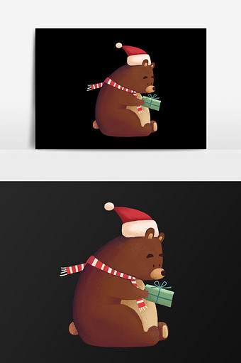 手绘收到圣诞礼盒的熊插画元素图片