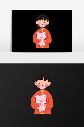 抱小猪的女孩插画