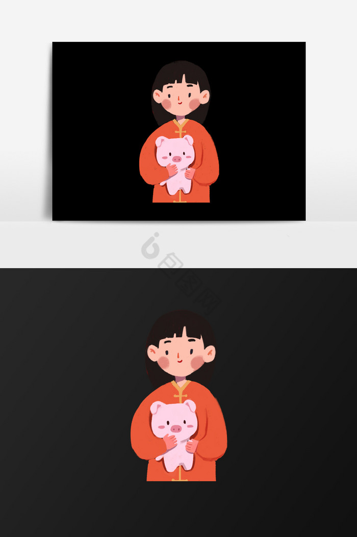 抱小猪的女孩插画图片