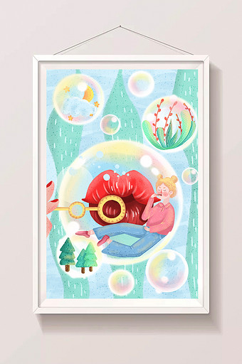 绿色小清新嘴唇吹泡泡女孩肌理插画海报图片下载