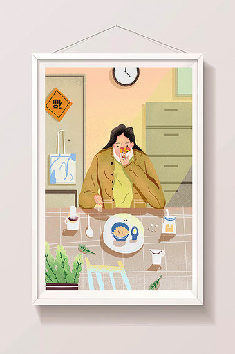 健康生活少女美食早餐卡通唯美插画图片