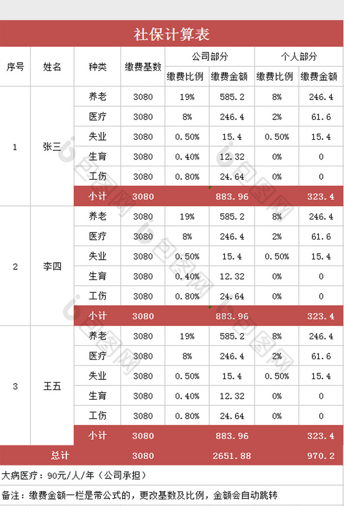 社保缴费明细计算表Excel模板