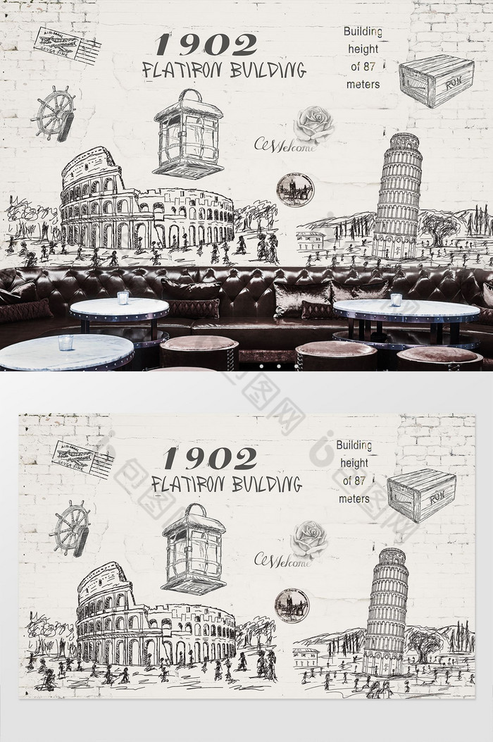 复古怀旧手绘建筑背景墙