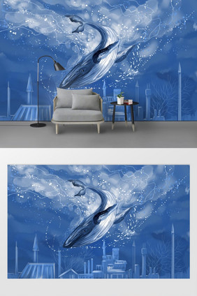 现代手绘梦幻鲸鱼背景墙壁画