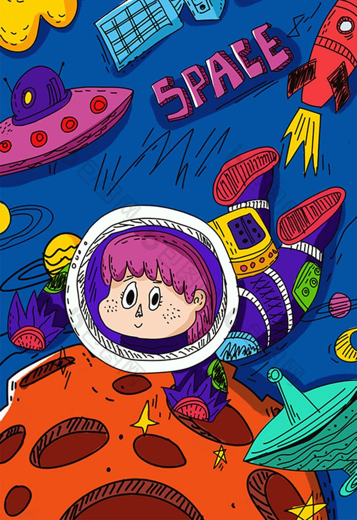 涂鸦科技概念宇宙宇航员机平铺扁平插画