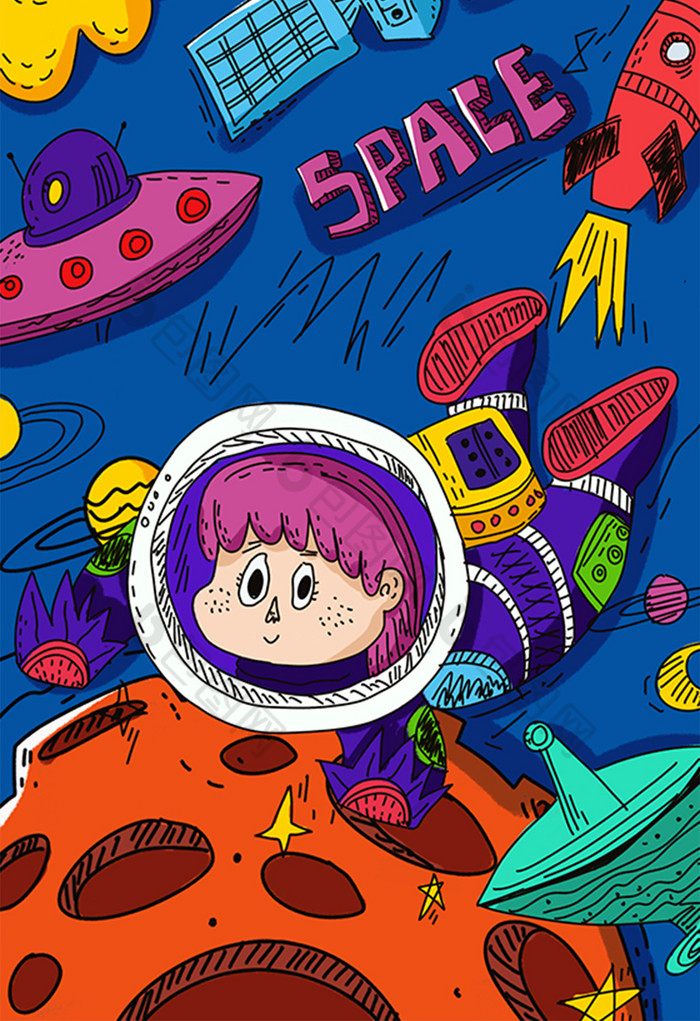 涂鸦科技宇宙宇航员机平铺插画图片