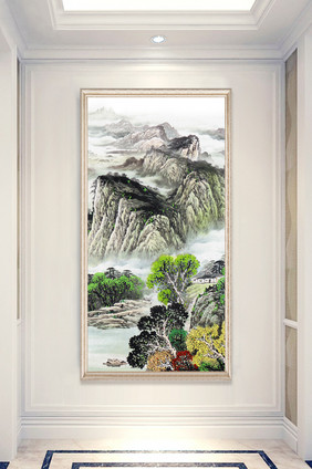 新中式手绘山水风景画玄关装饰画壁画