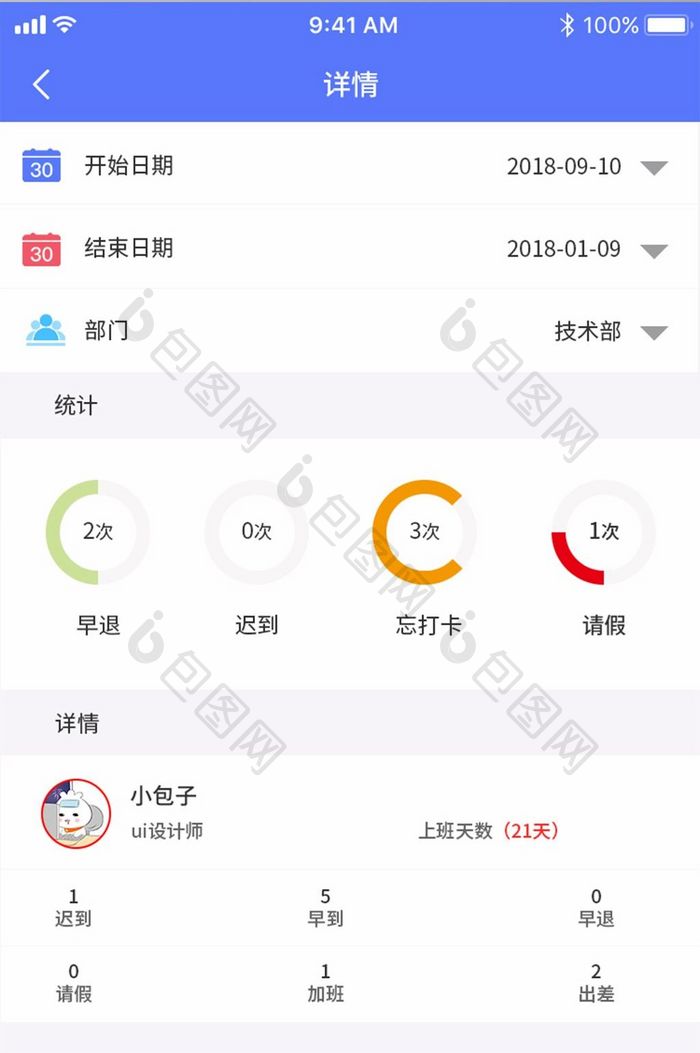 简约考勤app数据详情UI移动界面