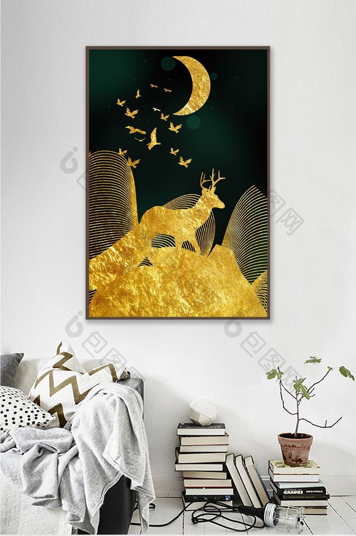 新中式金色麋鹿抽象线条瓷晶画玄关装饰画