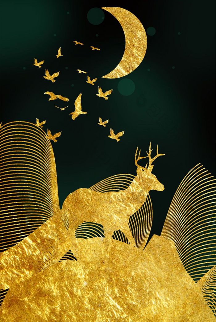 新中式金色麋鹿抽象线条瓷晶画玄关装饰画