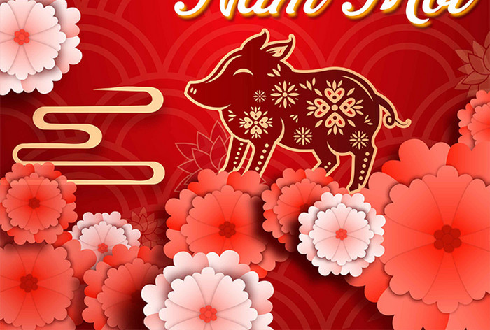 红花剪纸插图猪遮阳新年海报