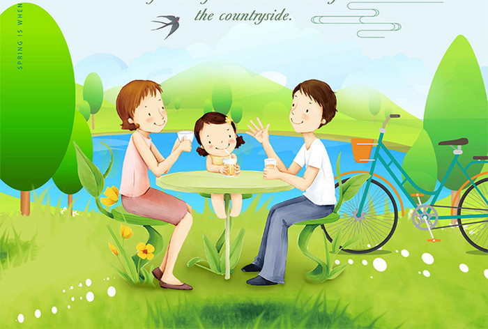 绿色清新插画家庭自行车燕子湖春季旅游春季海报