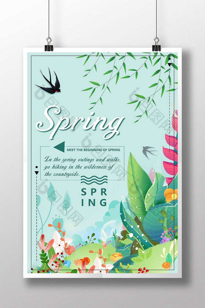 绿柳插图燕子花盛开的春天海报