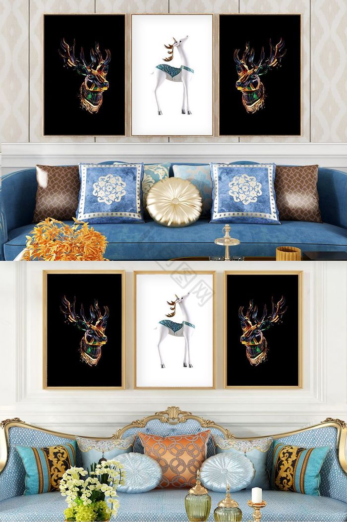现代清新浮雕吉祥金鹿客厅装饰画图片