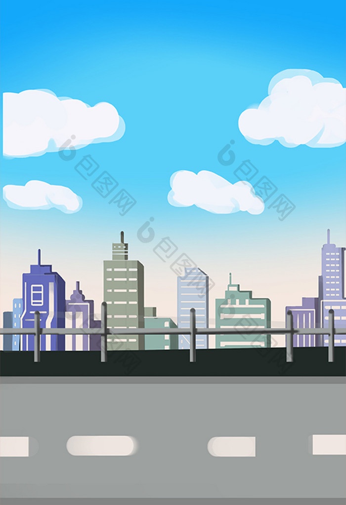 手绘蓝天下的城市插画背景