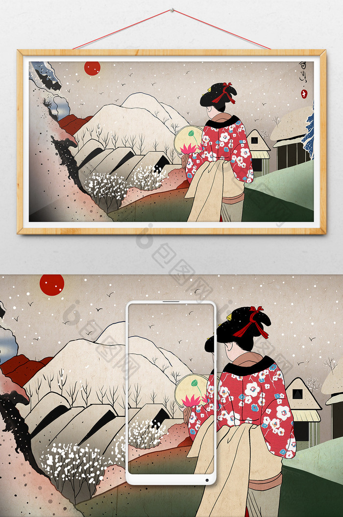 浮世绘冬季美女赏雪中国风风景传统挂画