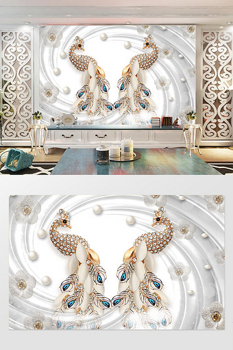 3D立体唯美珍珠花卉钻石孔雀珠宝背景墙图片
