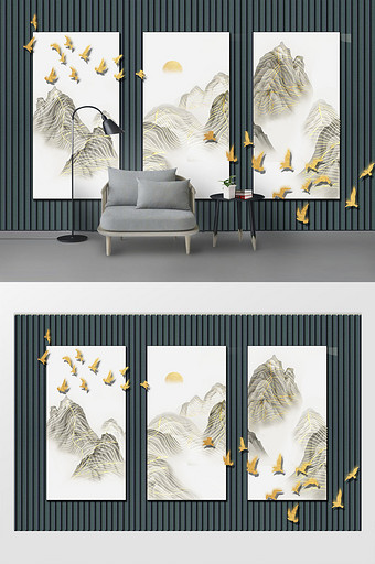 新现代抽象金丝水墨山水金鸟无框背景墙图片