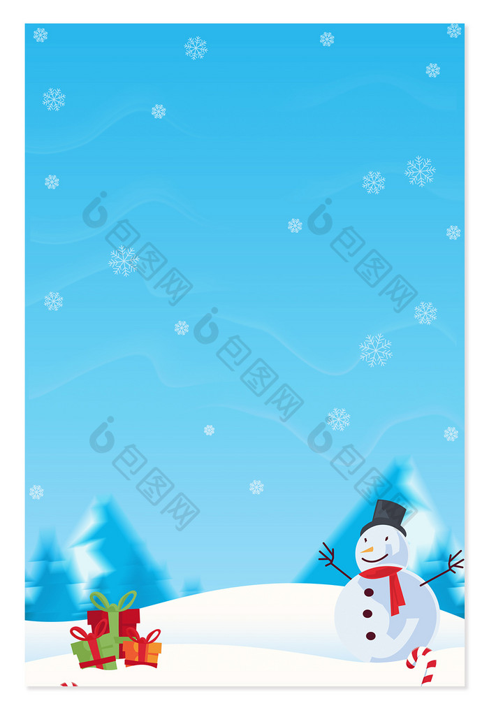 蓝色雪花雪人礼物圣诞手绘卡通冬季雪景背景