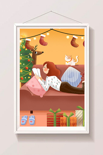 圣诞节看书的女孩猫咪陪伴图片
